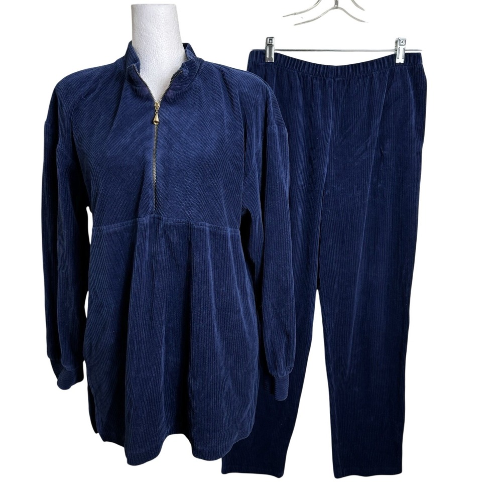 Vtg 90s Ruth Norman Velour Lounge Set Small Navy Blue‎ Corded Fleece 2pc